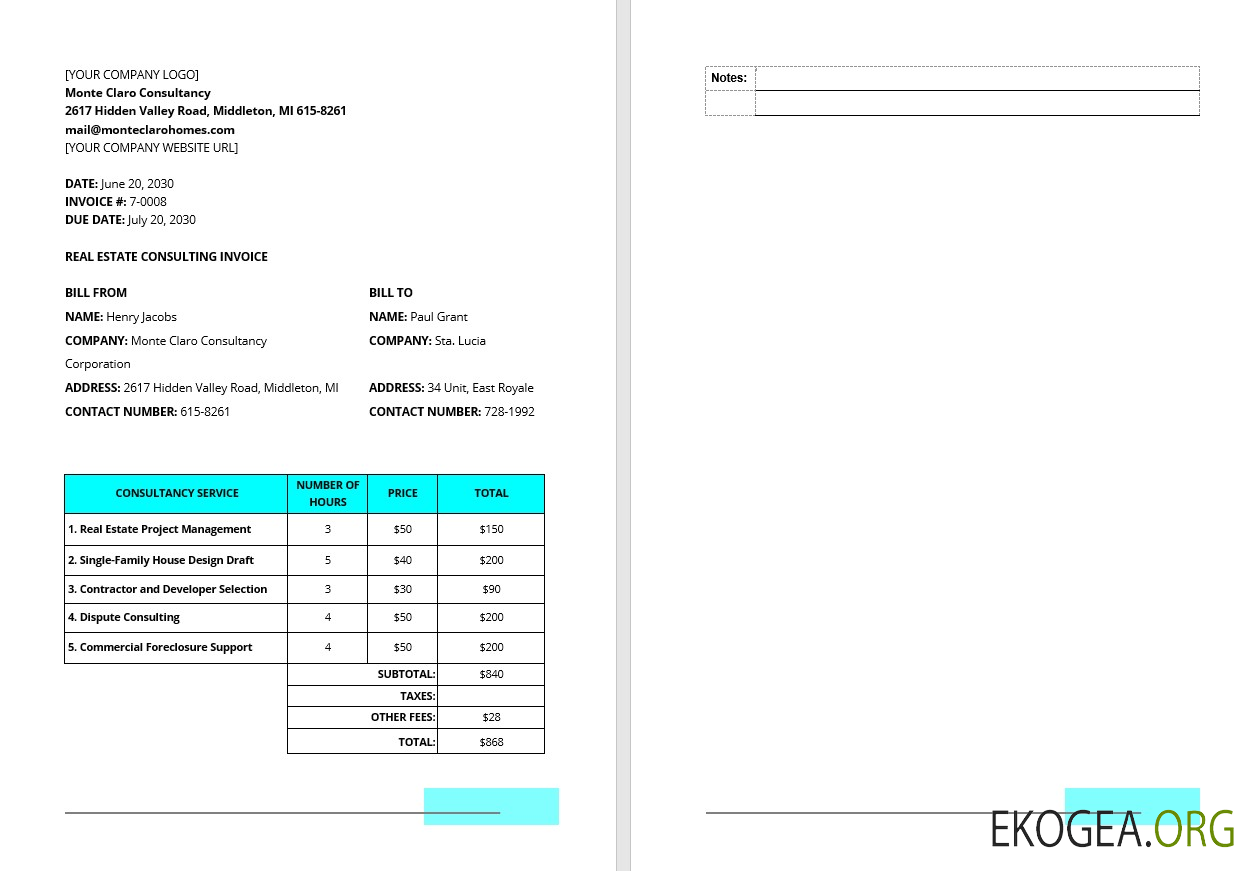 Modèle de facture de conseil immobilier